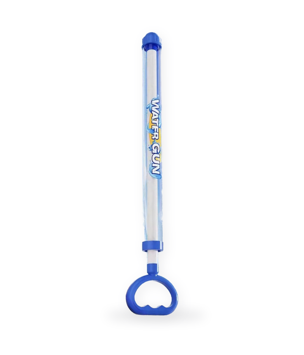 Pistolet à eau MagicSplasya bleu sur fond blanc, poignée arrondie et réservoir transparent
